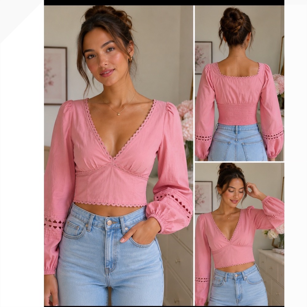 A New Day Women NEW Pink Scalloped Eyelet V-Neck Smocked Crop Top M Coquette